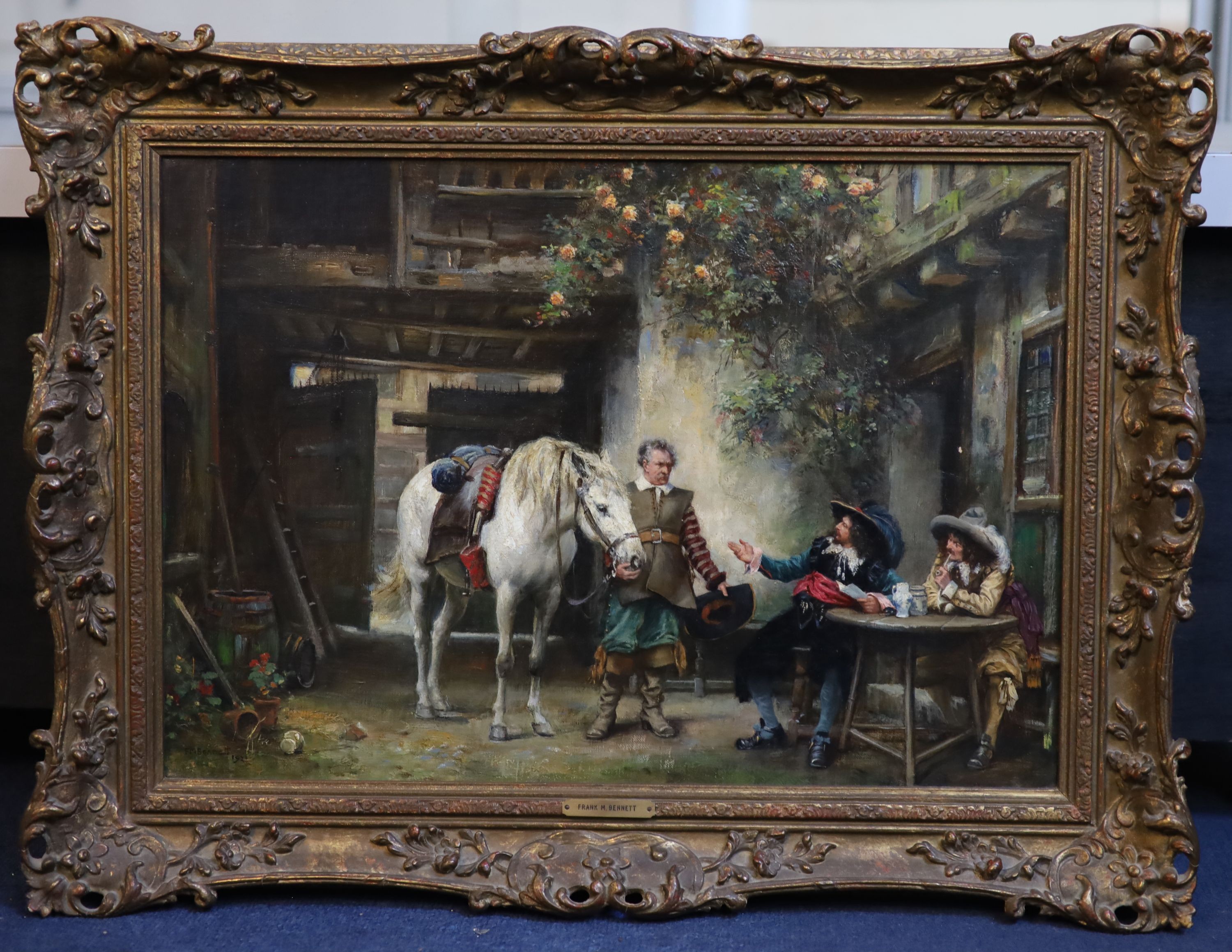 Frank Moss Bennett (1874-1953), Cavaliers outside a hostelry, oil on canvas, 35 x 50cm.